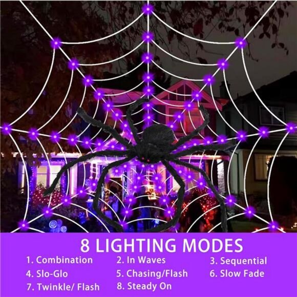 Halloween Decorations, 9FT Diameter Spider Web Lights with Black 4FT Spider - Picture 4 of 7